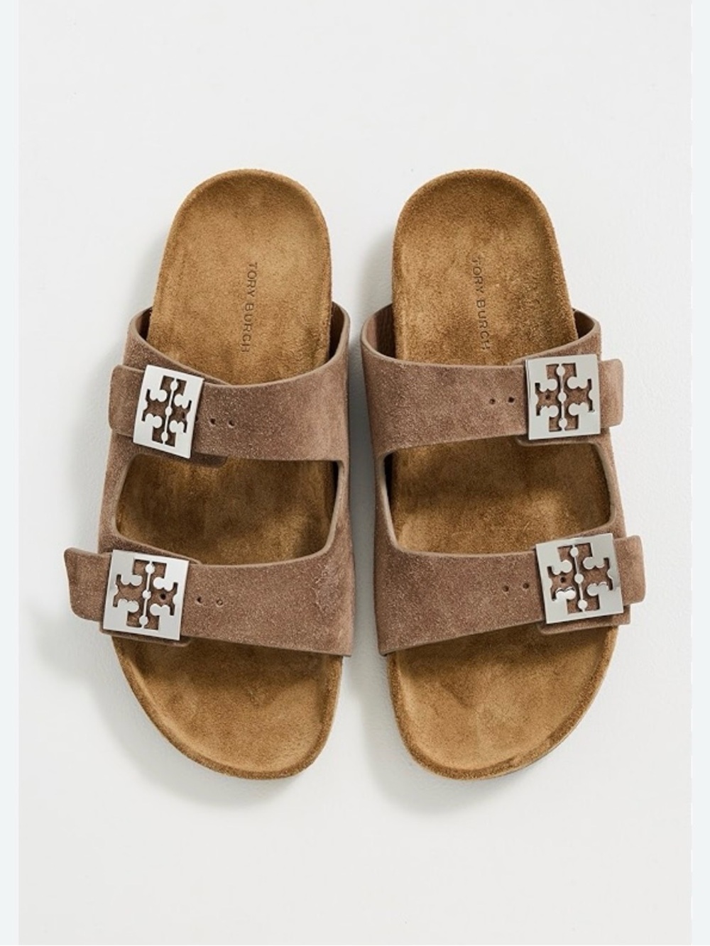 Tory Burch Mellow Tan Suede Double-Strap Logo Slide Sandals 10.5